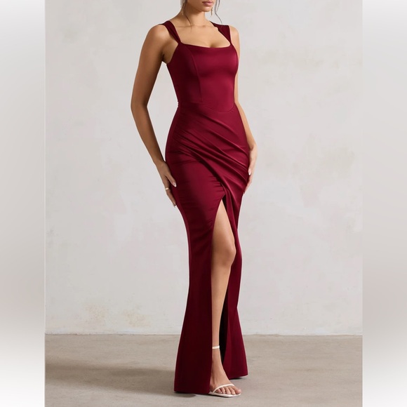 Club L London- Berry Satin Corset Wrap maxi dress - Picture 5 of 6